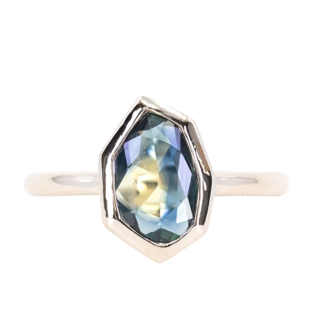 0.92ct Geo Slice Parti Blue Sapphire Low Profile Bezel Solitaire Ring in 14k White Gold