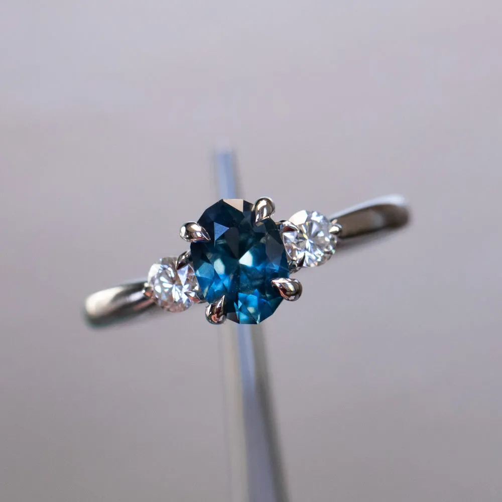 1.22ct Parti Nigerian Blue Sapphire and Lab Diamond Three Stone Ring in 14K White Gold