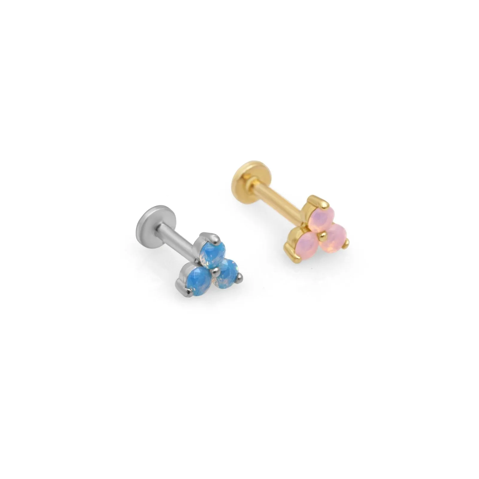 14K Gold Blue Opal Trinity Helix Cartilage Internally Threaded Flat Back Earring Labret Stud