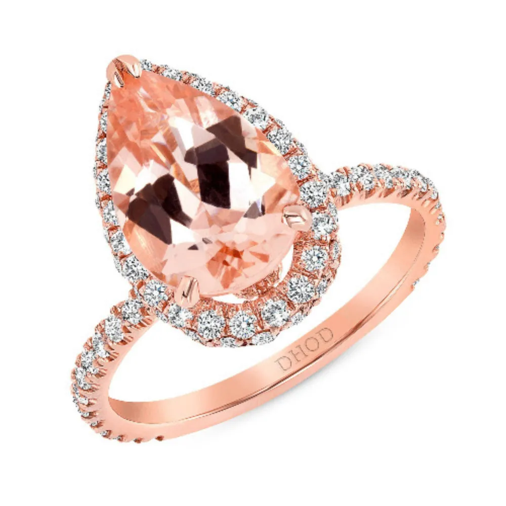 14K Gold Diamond 2D Halo with Pear Morganite Engagement Ring