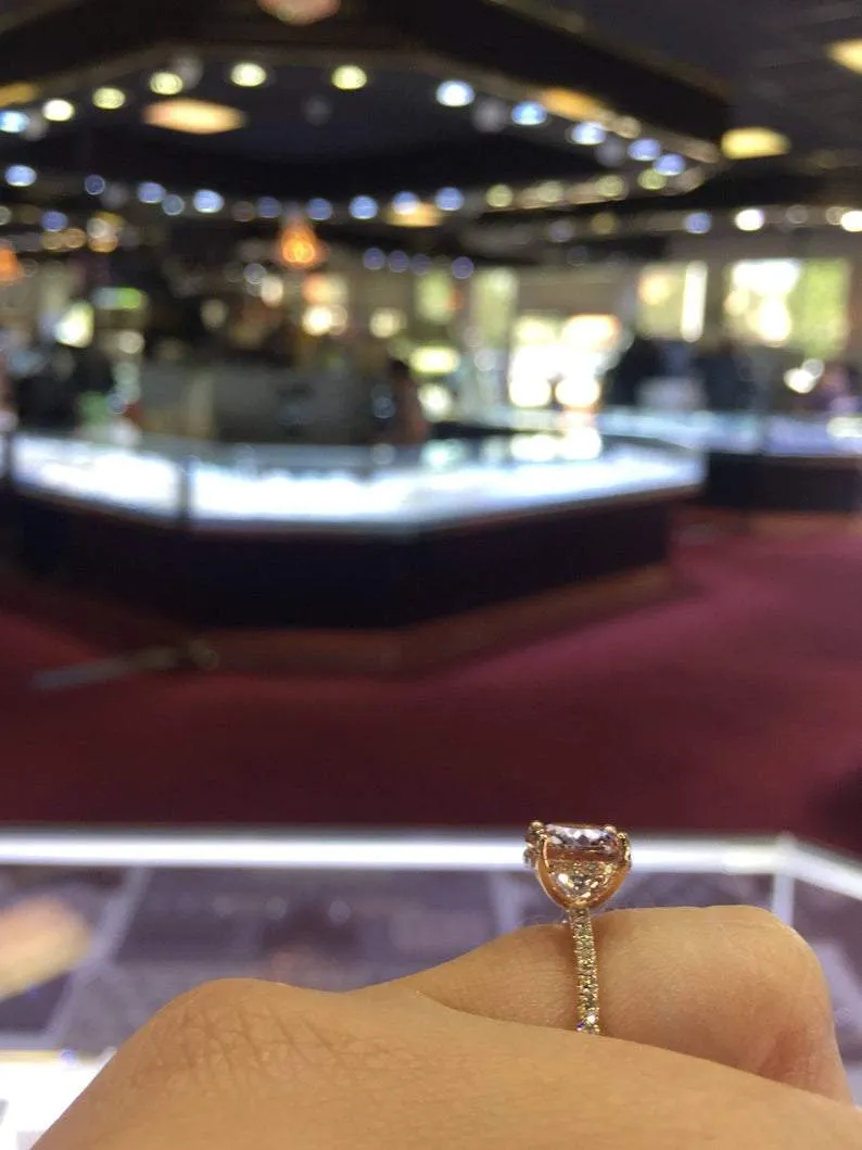 14K Gold Diamond Under Halo with Round Morganite Engagement Ring