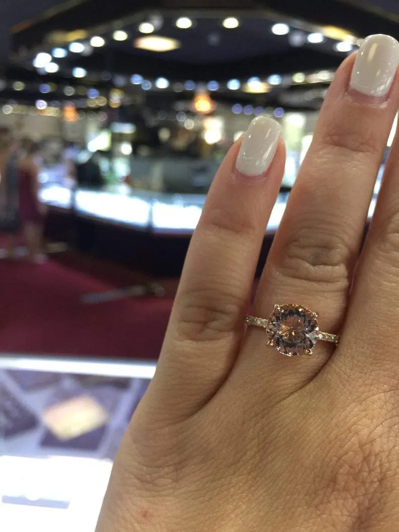 14K Gold Diamond Under Halo with Round Morganite Engagement Ring