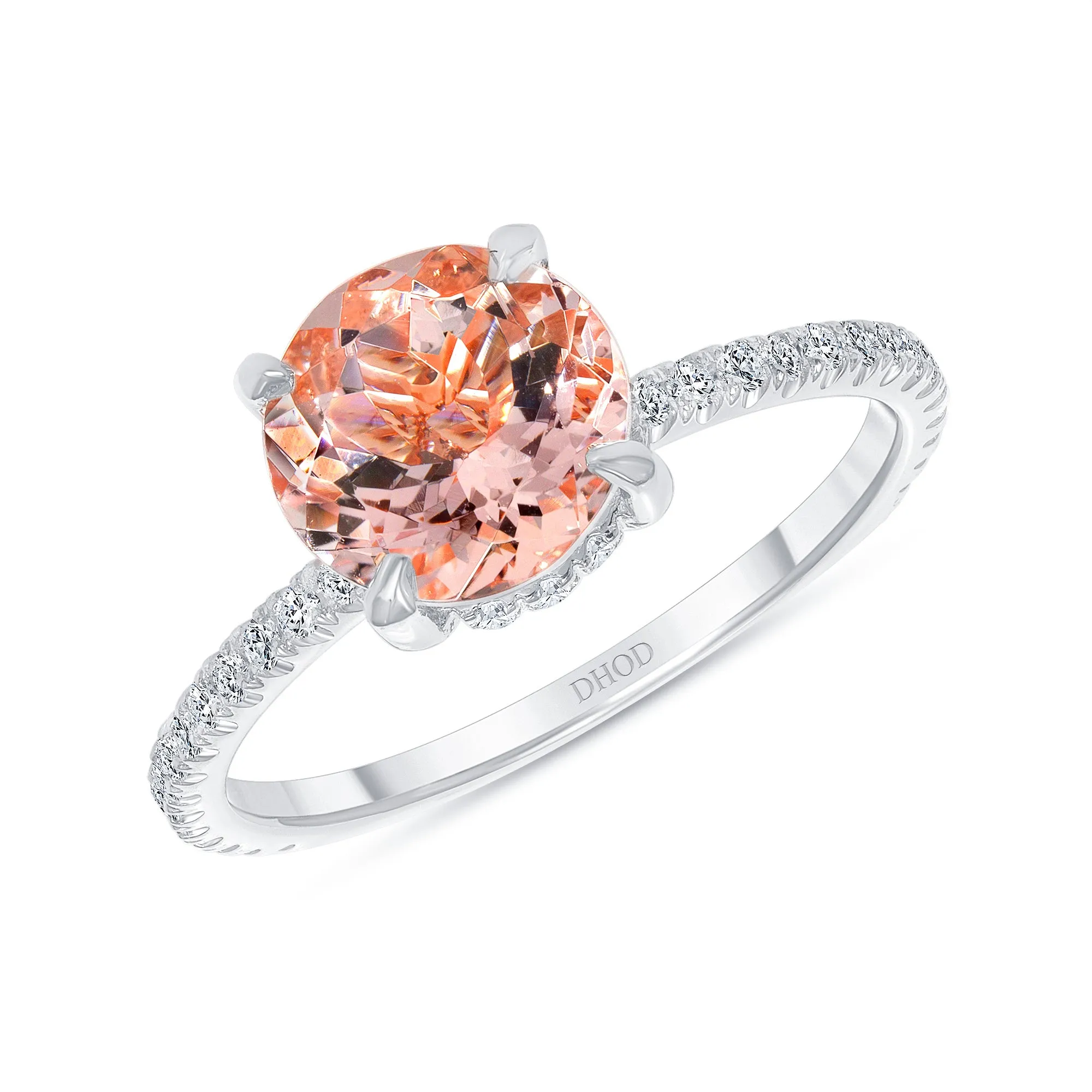 14K Gold Diamond Under Halo with Round Morganite Engagement Ring