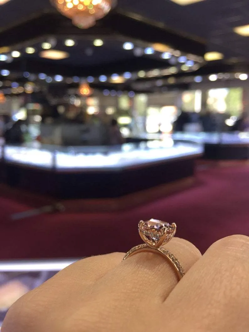 14K Gold Diamond Under Halo with Round Morganite Engagement Ring