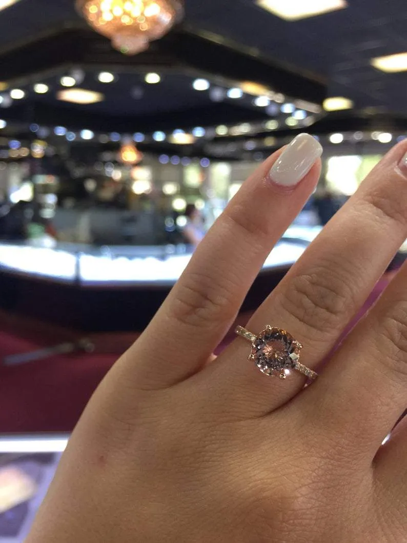 14K Gold Diamond Under Halo with Round Morganite Engagement Ring