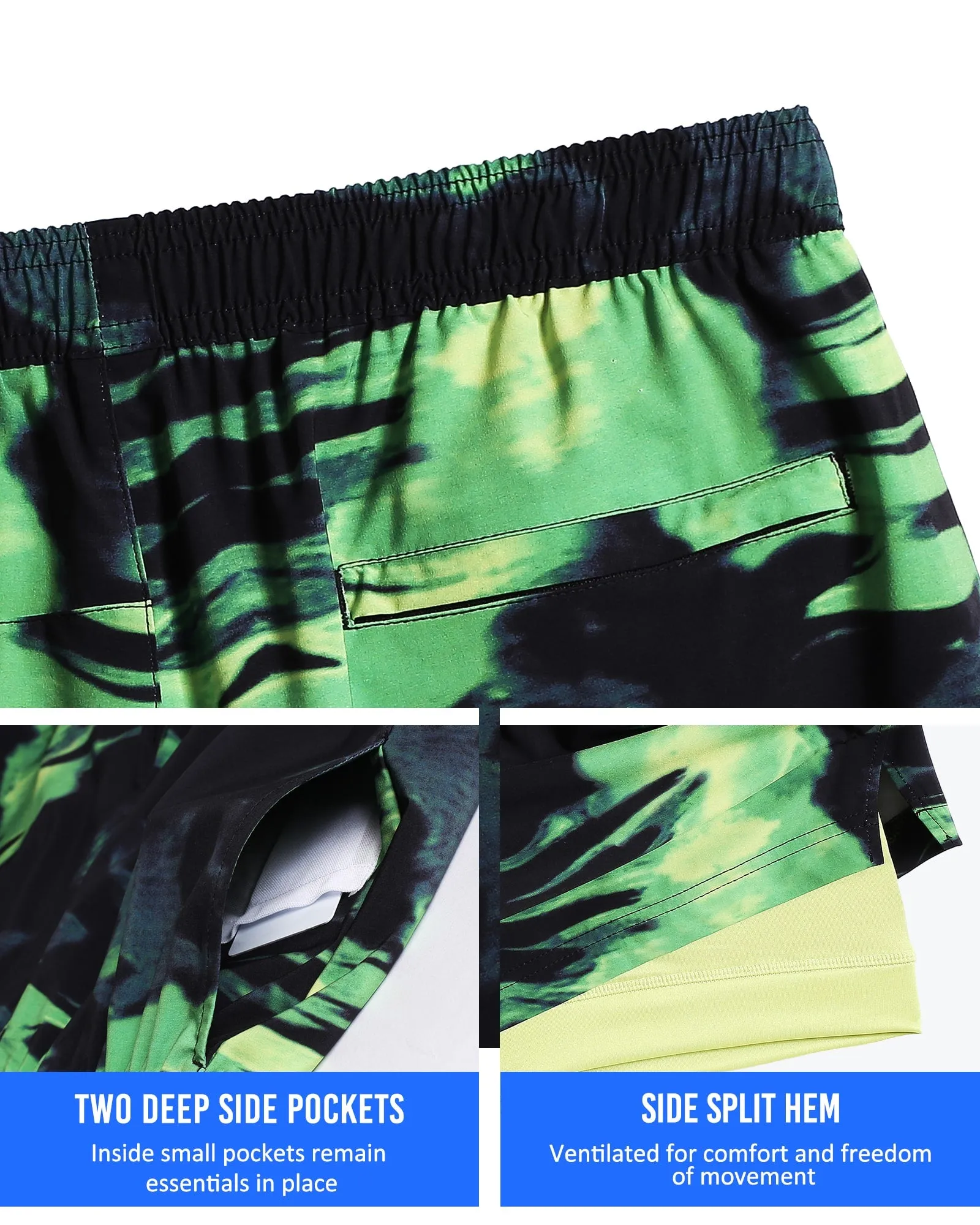 2 in 1 Stretch Short Lined Green Black Gym Shorts