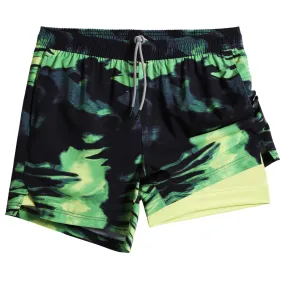 2 in 1 Stretch Short Lined Green Black Gym Shorts