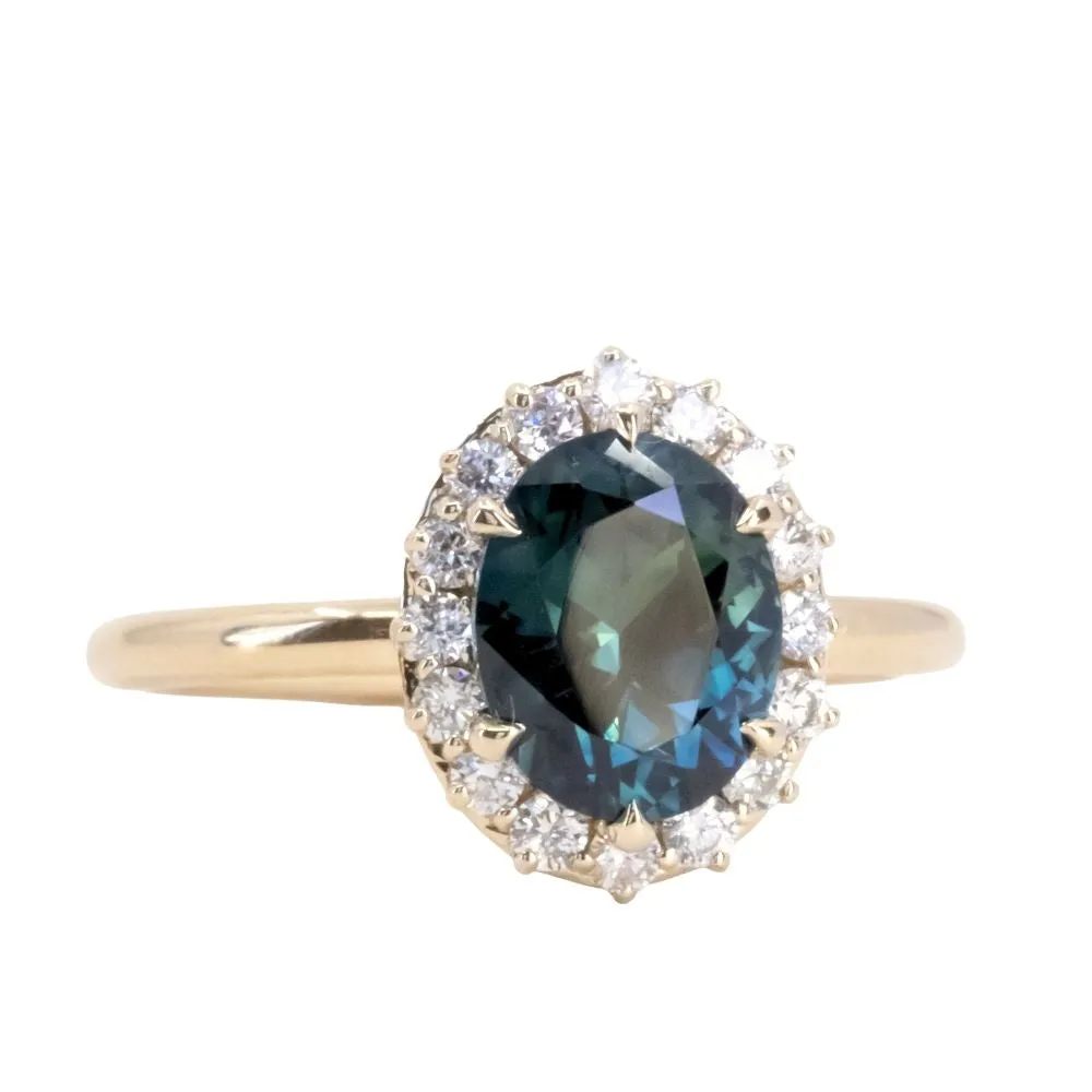 2.16ct Oval Blue Untreated Nigerian Sapphire Antique-Style Diamond Halo Ring in 14k Yellow Gold