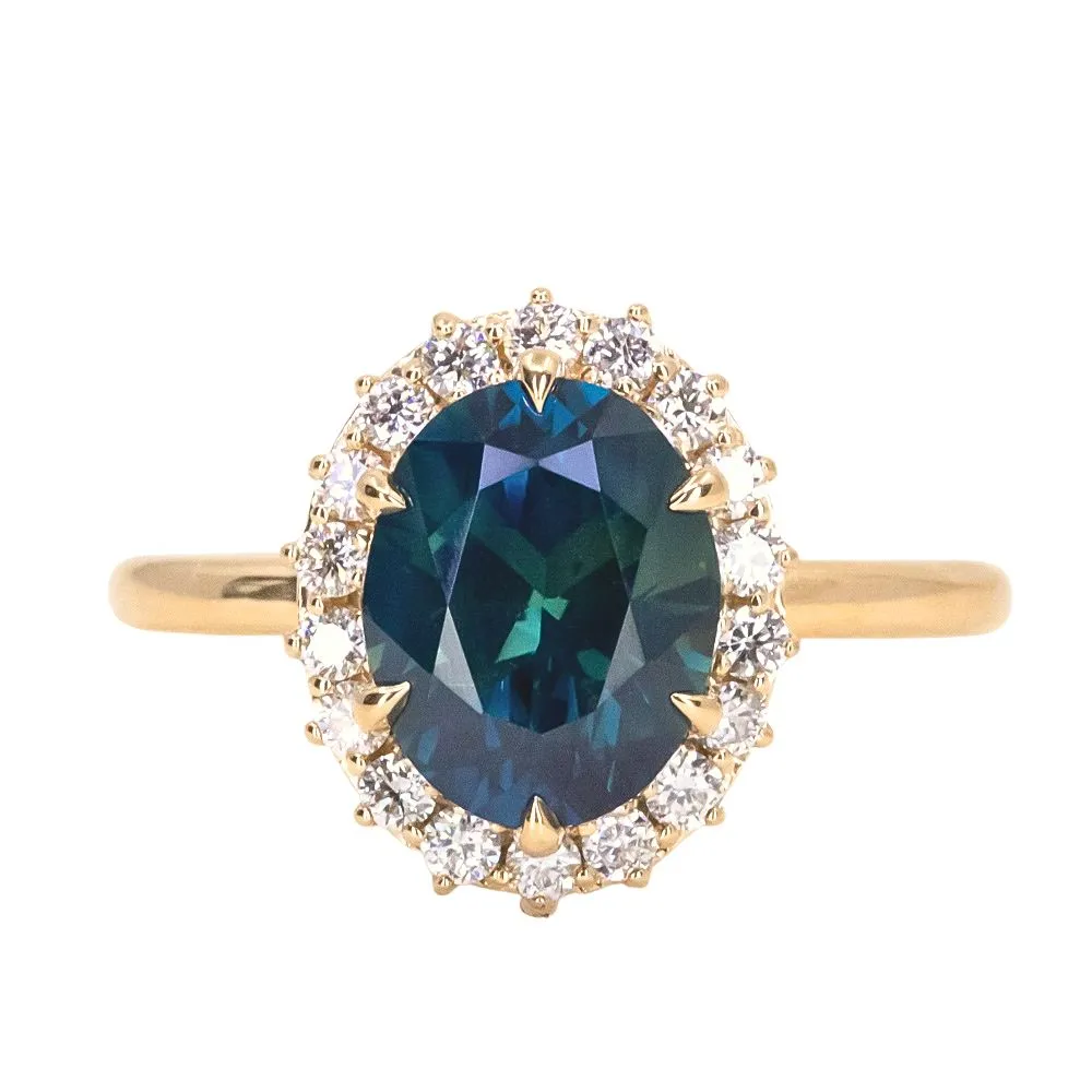 3.15ct Oval Blue Untreated Nigerian Sapphire Antique-Style Diamond Halo Ring in 18k Yellow Gold