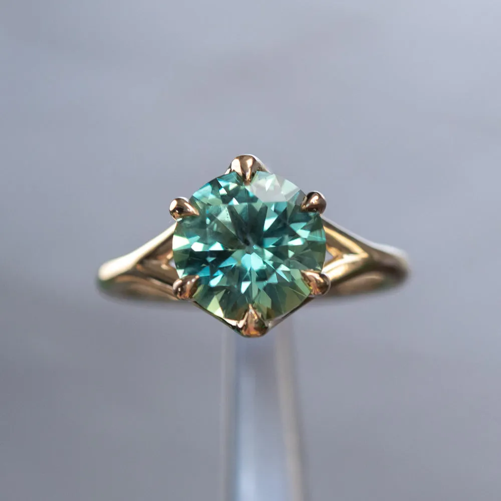 3.50ct Untreated Nigerian Teal Green Sapphire Six Prong Split Shank Solitaire in 18k Yellow Gold