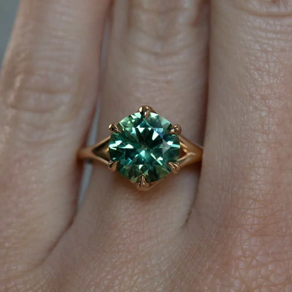 3.50ct Untreated Nigerian Teal Green Sapphire Six Prong Split Shank Solitaire in 18k Yellow Gold