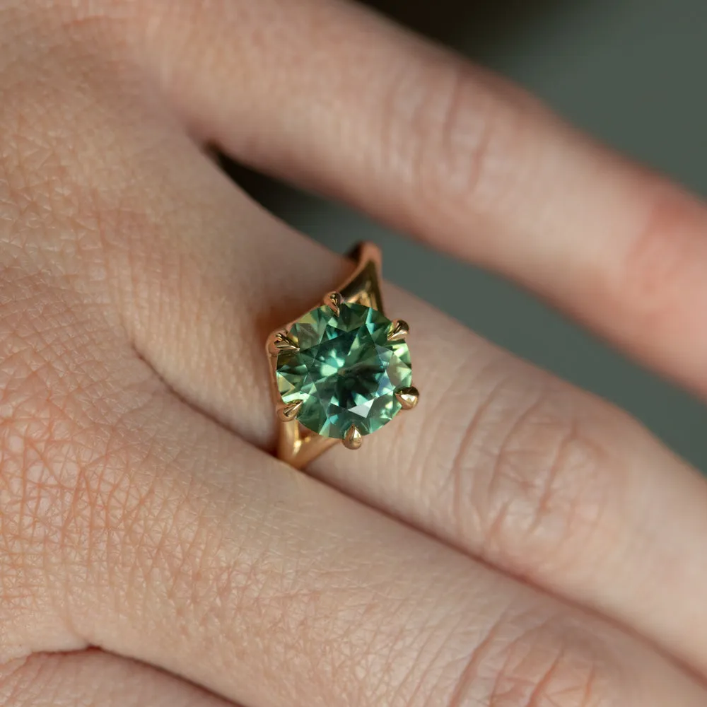 3.50ct Untreated Nigerian Teal Green Sapphire Six Prong Split Shank Solitaire in 18k Yellow Gold