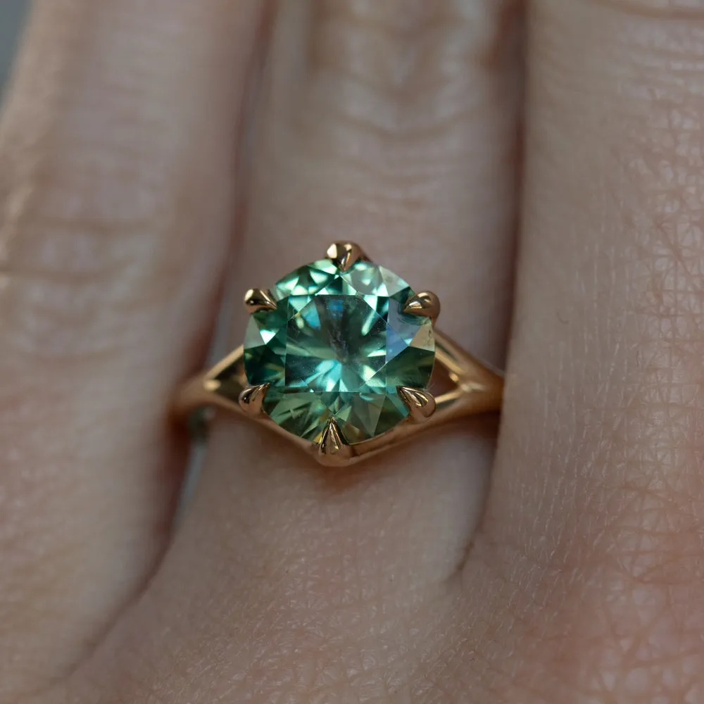 3.50ct Untreated Nigerian Teal Green Sapphire Six Prong Split Shank Solitaire in 18k Yellow Gold