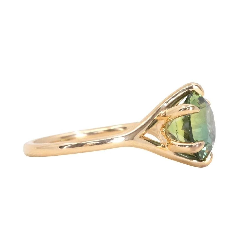 3.50ct Untreated Nigerian Teal Green Sapphire Six Prong Split Shank Solitaire in 18k Yellow Gold