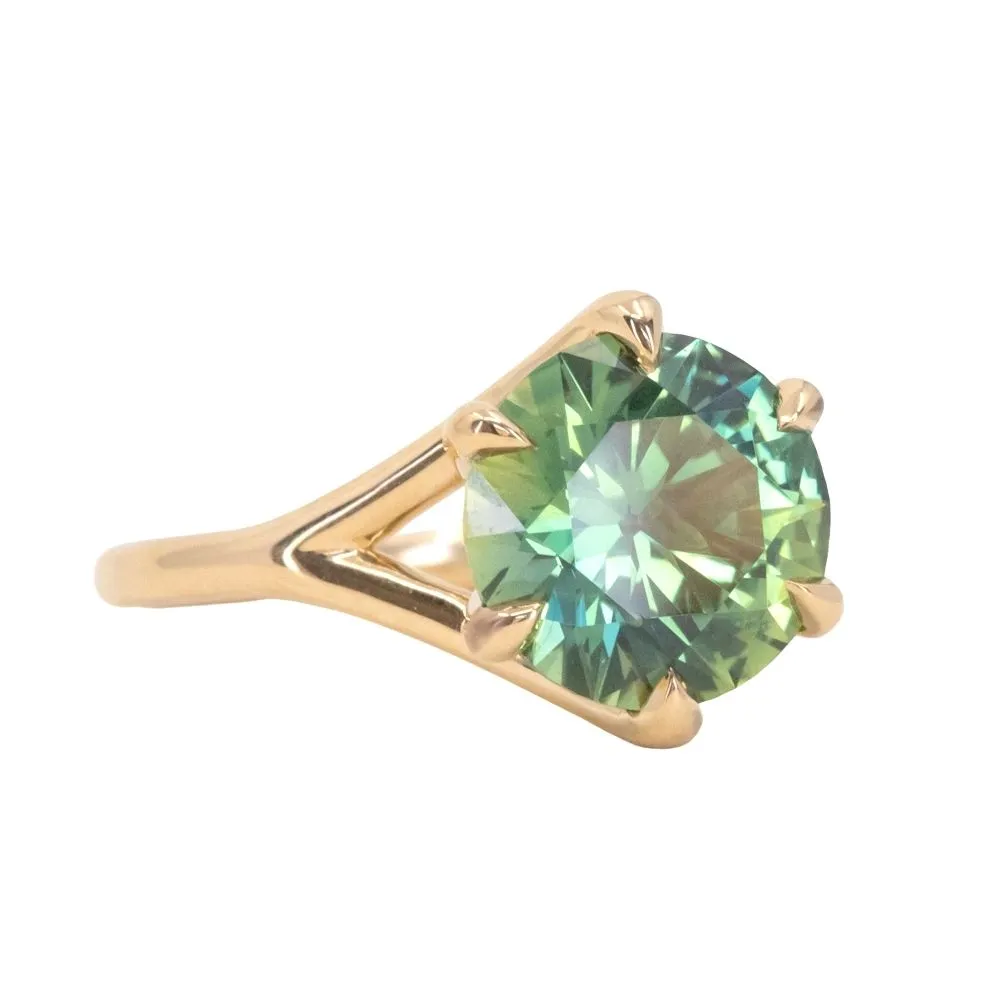 3.50ct Untreated Nigerian Teal Green Sapphire Six Prong Split Shank Solitaire in 18k Yellow Gold