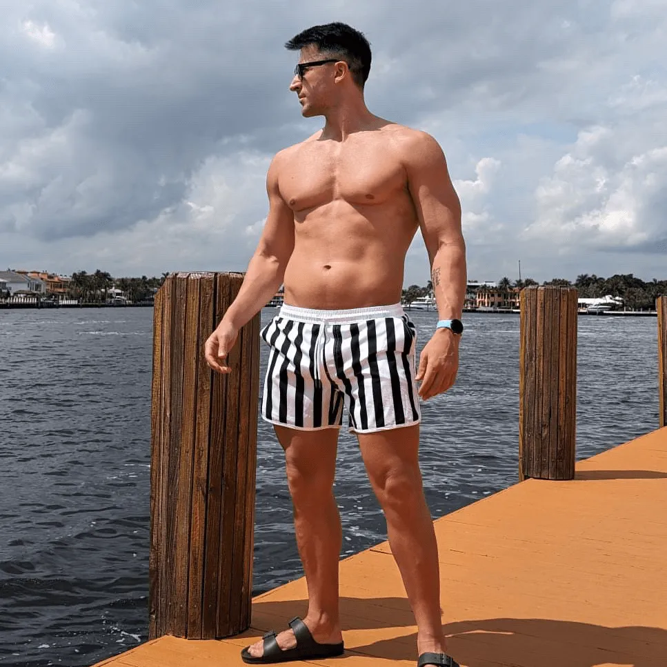 4.5 Inseam 2 in 1 Stretch Short Liner Black White Swim Shorts