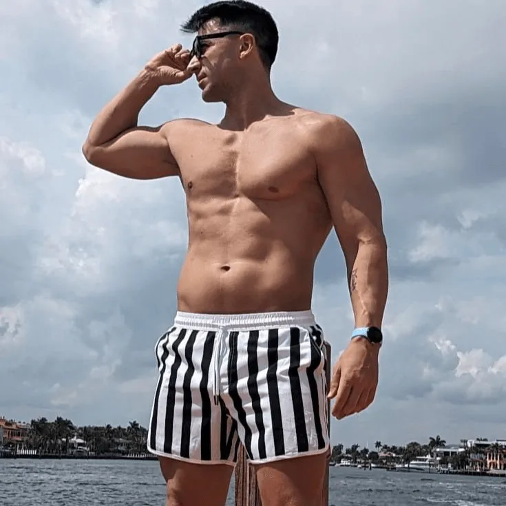 4.5 Inseam 2 in 1 Stretch Short Liner Black White Swim Shorts