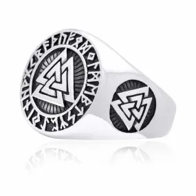 925 Sterling Silver Valknut and Runes Signet Ring