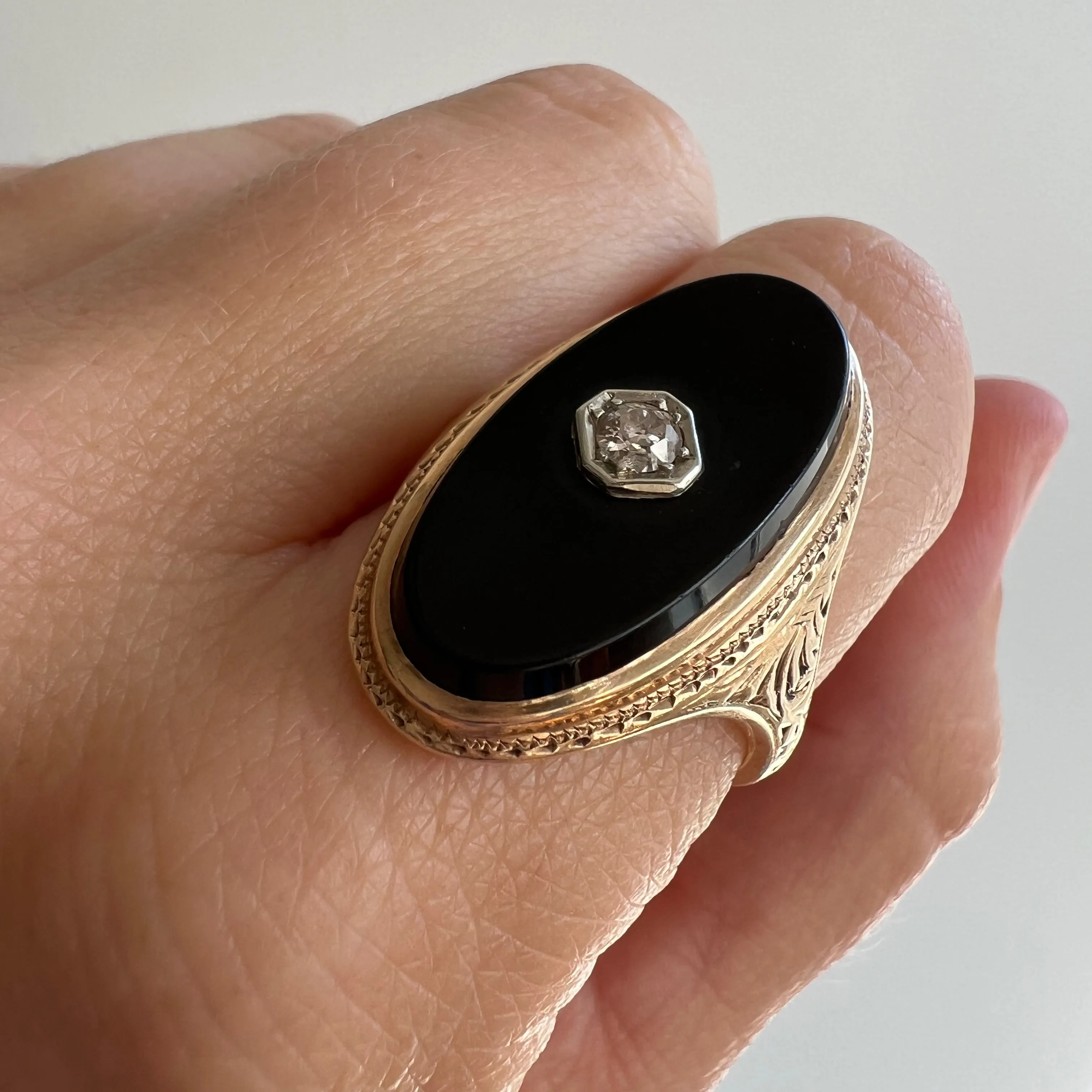 A N T I Q U E // onyx shield / 14k yellow gold with onyx and an old cut diamond / size 6.75-7