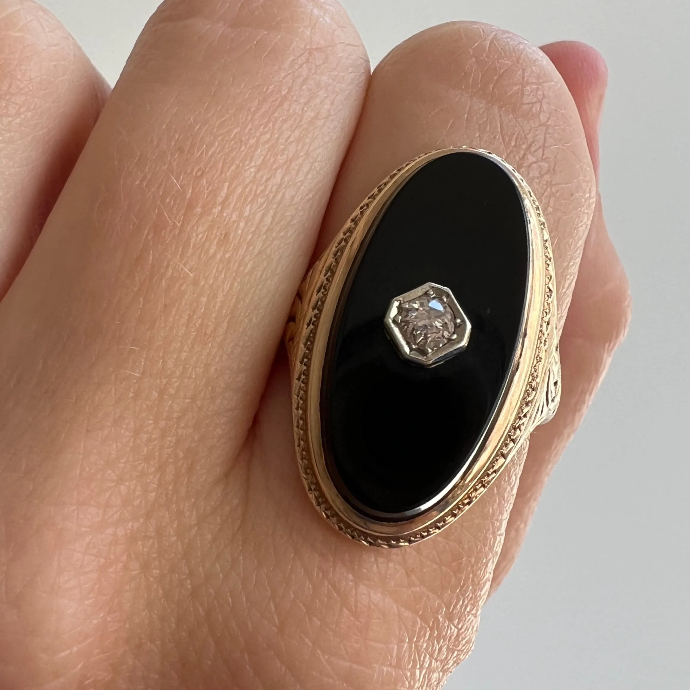 A N T I Q U E // onyx shield / 14k yellow gold with onyx and an old cut diamond / size 6.75-7