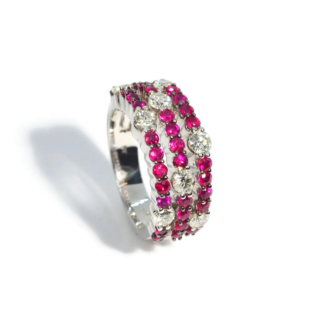 AFJ Diamond Collection - Tri Layered Diamond Ring with Rubies, White Gold