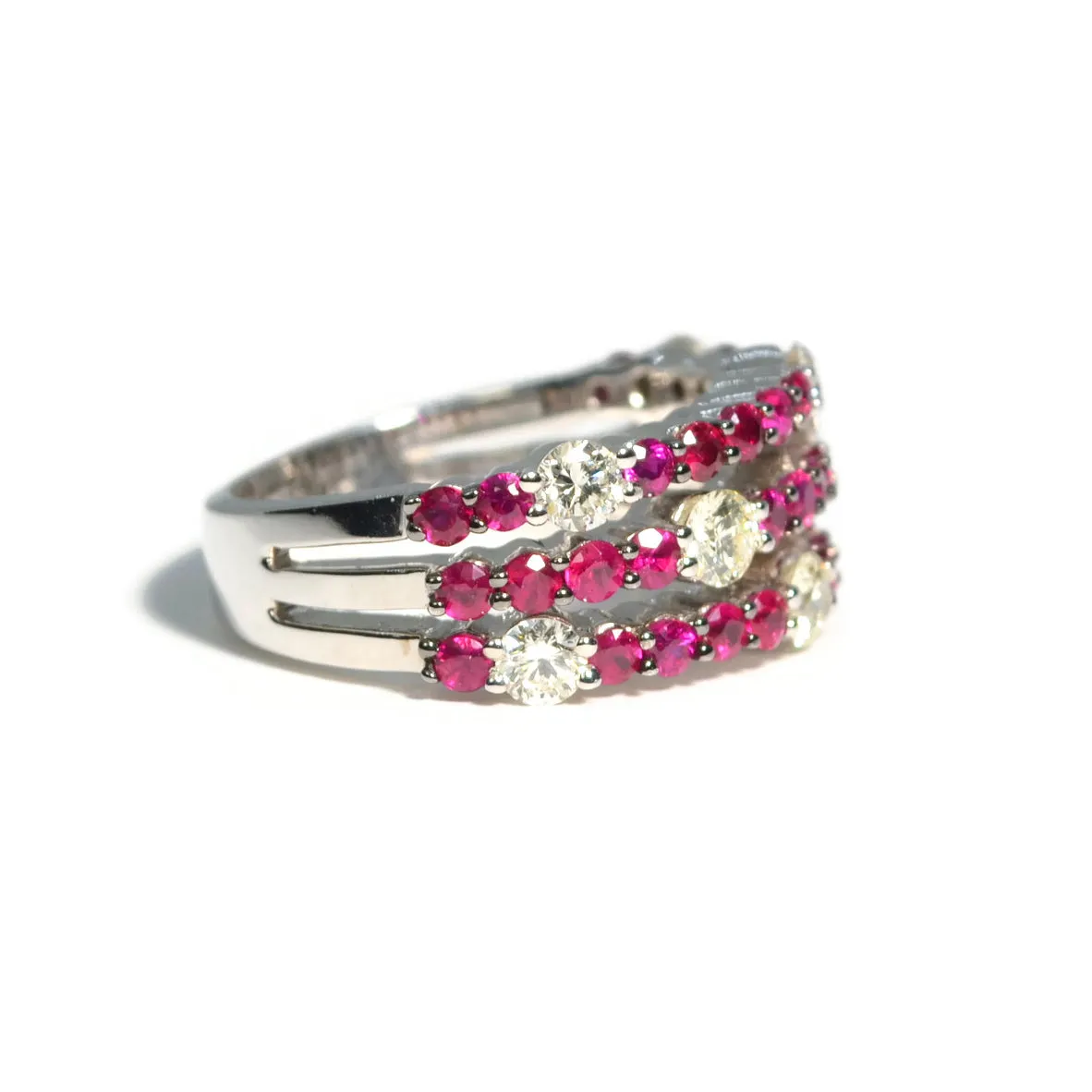 AFJ Diamond Collection - Tri Layered Diamond Ring with Rubies, White Gold