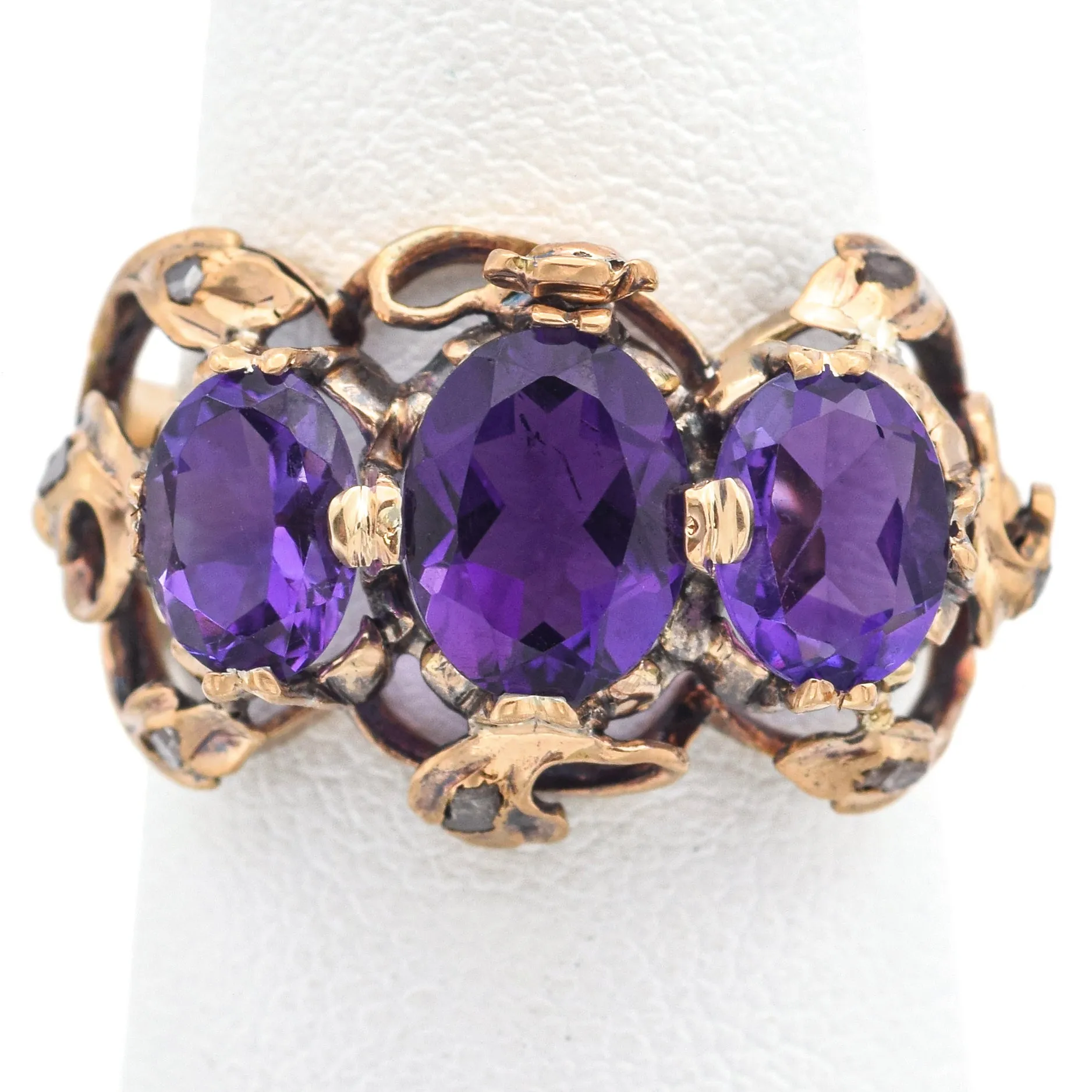 Antique 18K Yellow Gold Amethyst & Table Cut Diamond Band Ring Size 7