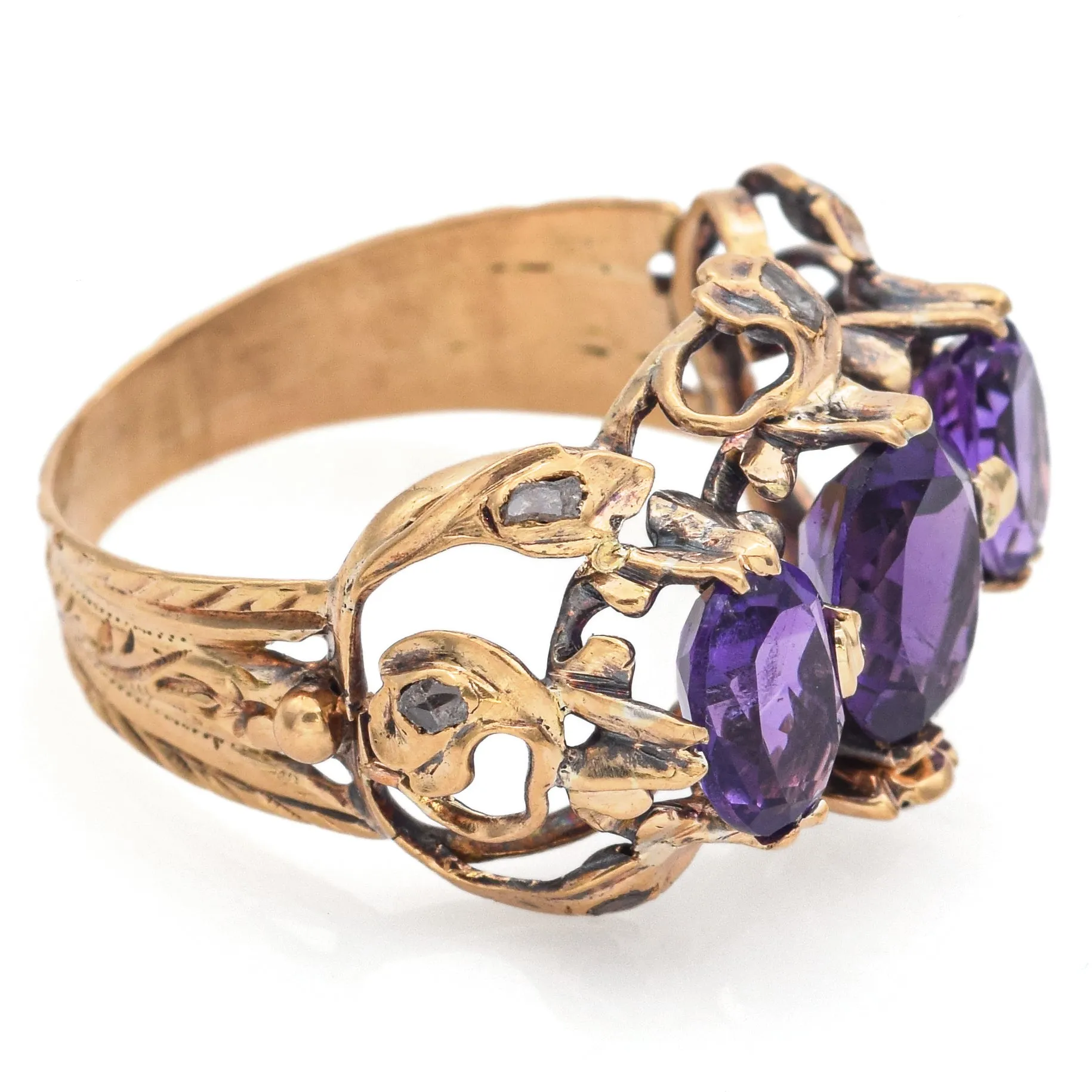 Antique 18K Yellow Gold Amethyst & Table Cut Diamond Band Ring Size 7