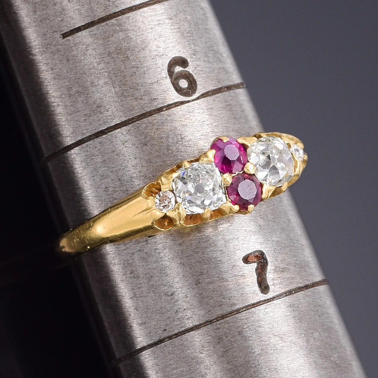 Antique 18K Yellow Gold Ruby & 0.59 TCW Old Mine Cut Diamond Band Ring