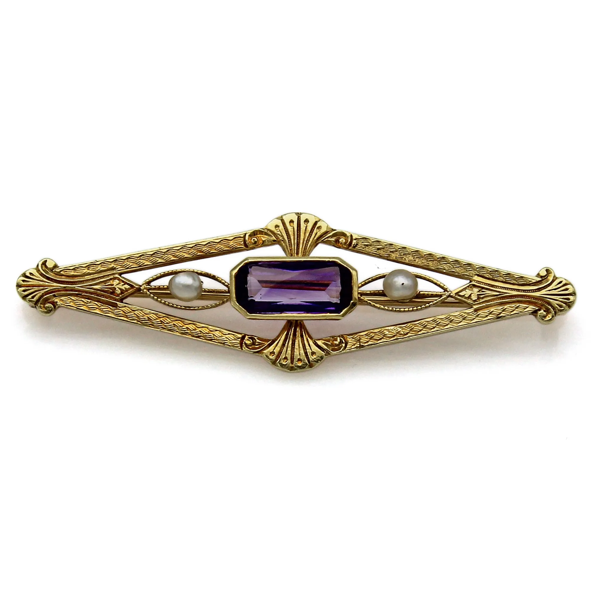 Antique Wordley Allsopp & Bliss 14K Yellow Gold Amethyst & Sea Pearl Brooch Pin