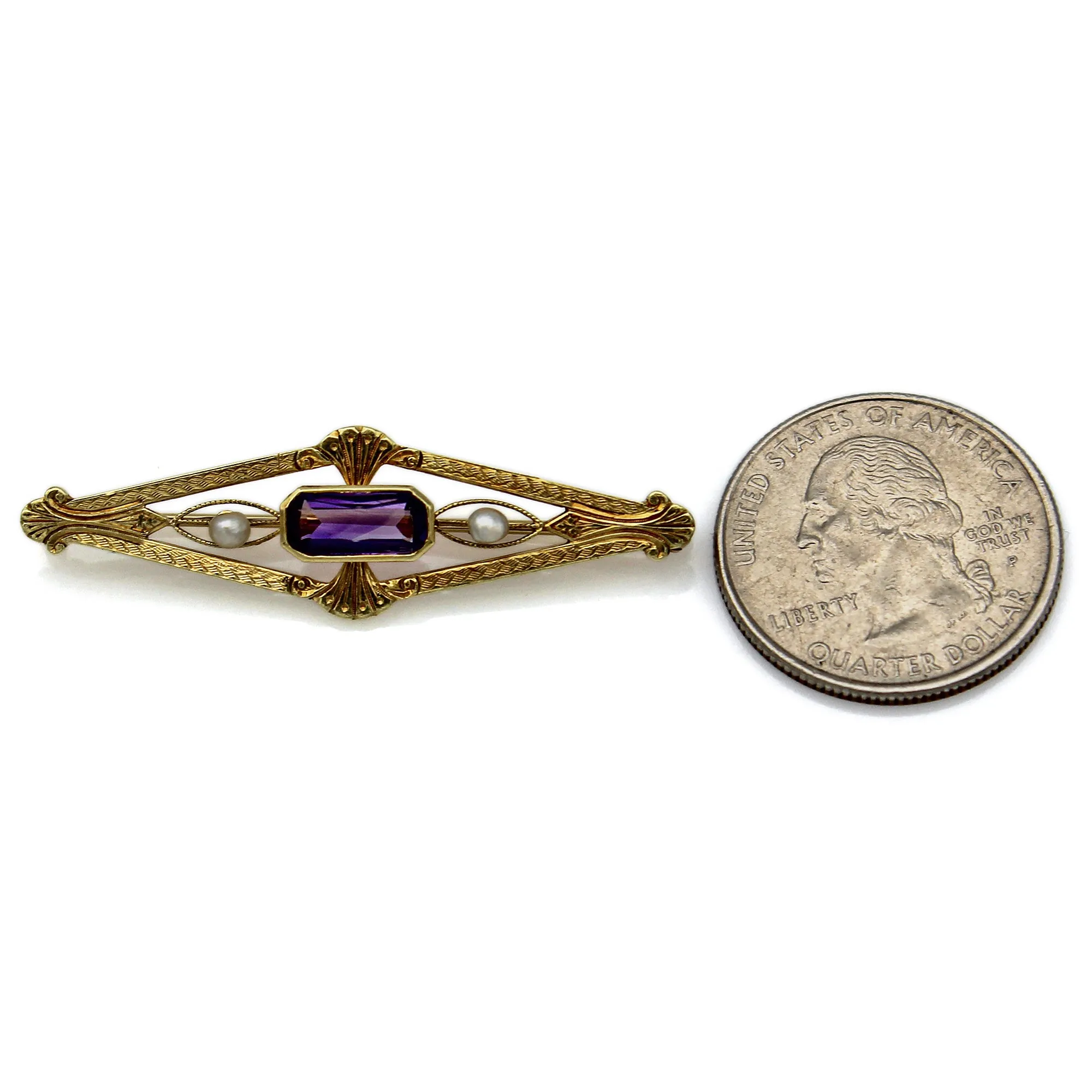 Antique Wordley Allsopp & Bliss 14K Yellow Gold Amethyst & Sea Pearl Brooch Pin