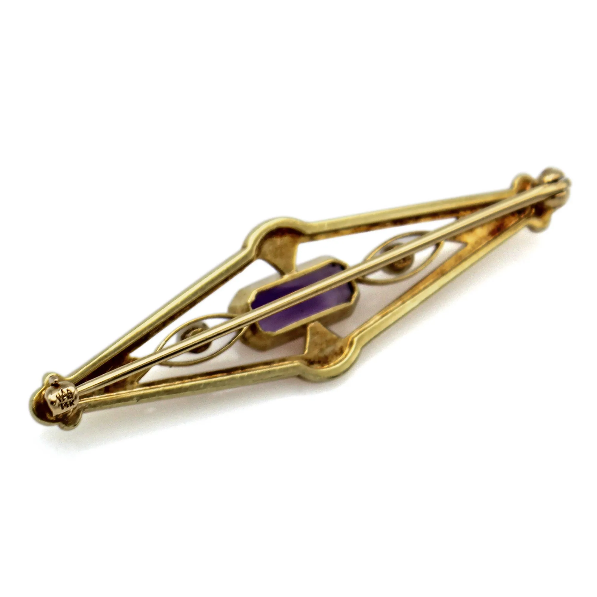 Antique Wordley Allsopp & Bliss 14K Yellow Gold Amethyst & Sea Pearl Brooch Pin