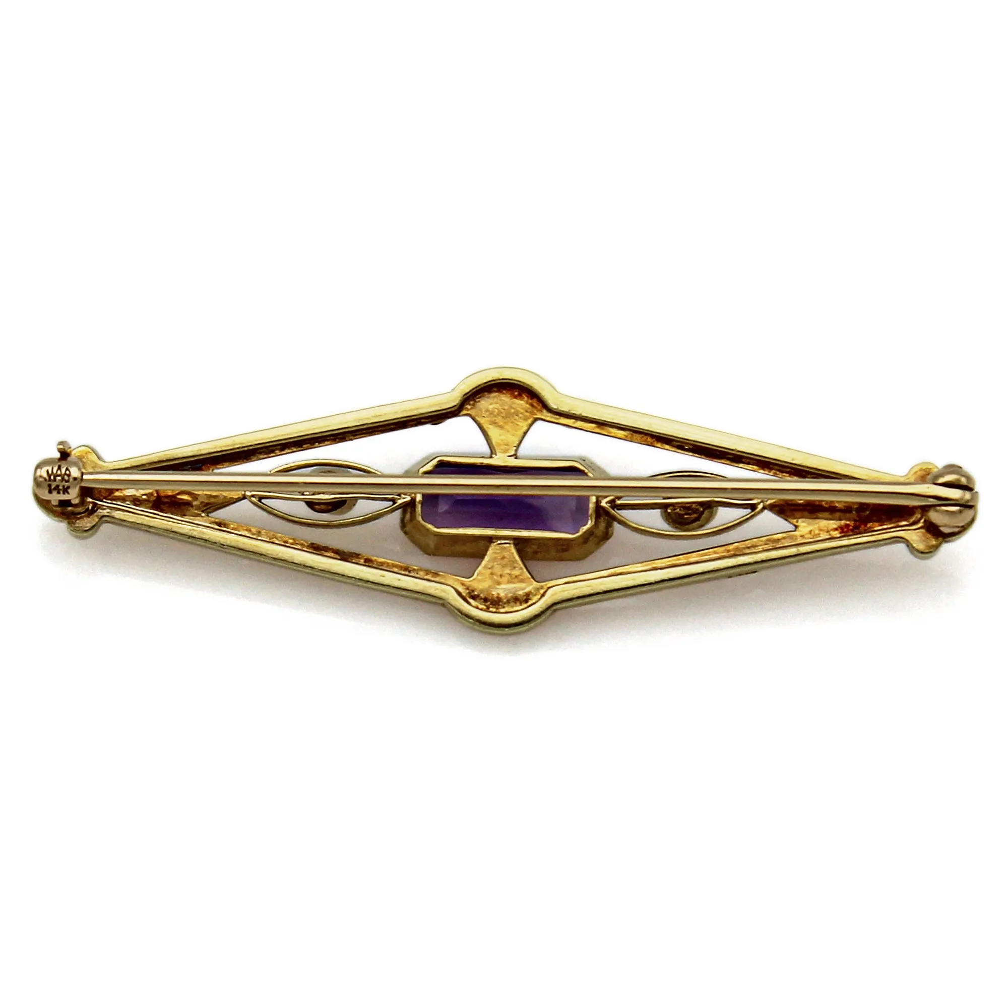 Antique Wordley Allsopp & Bliss 14K Yellow Gold Amethyst & Sea Pearl Brooch Pin