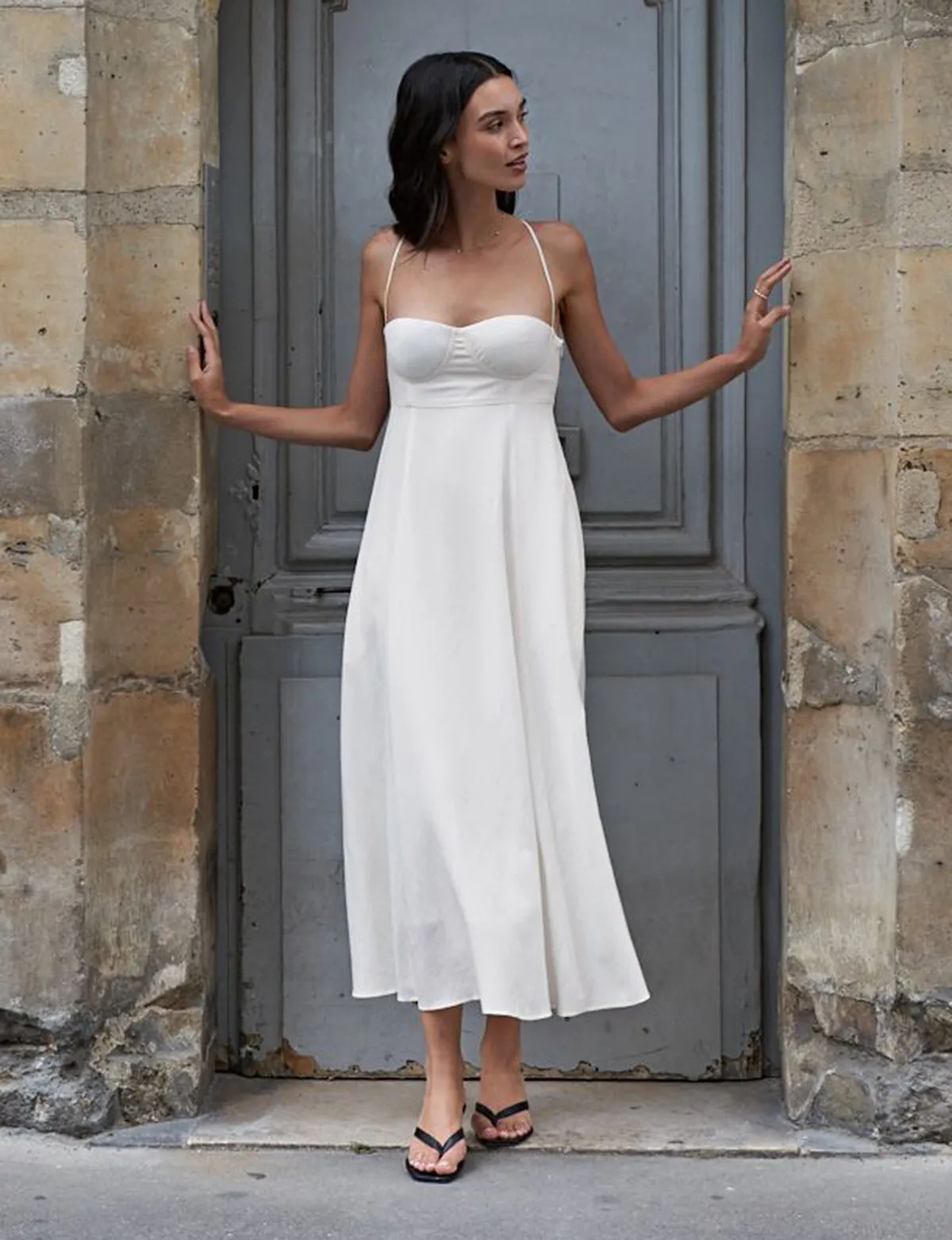 Antonia Padded Dress in White Linen-BESTSELLER