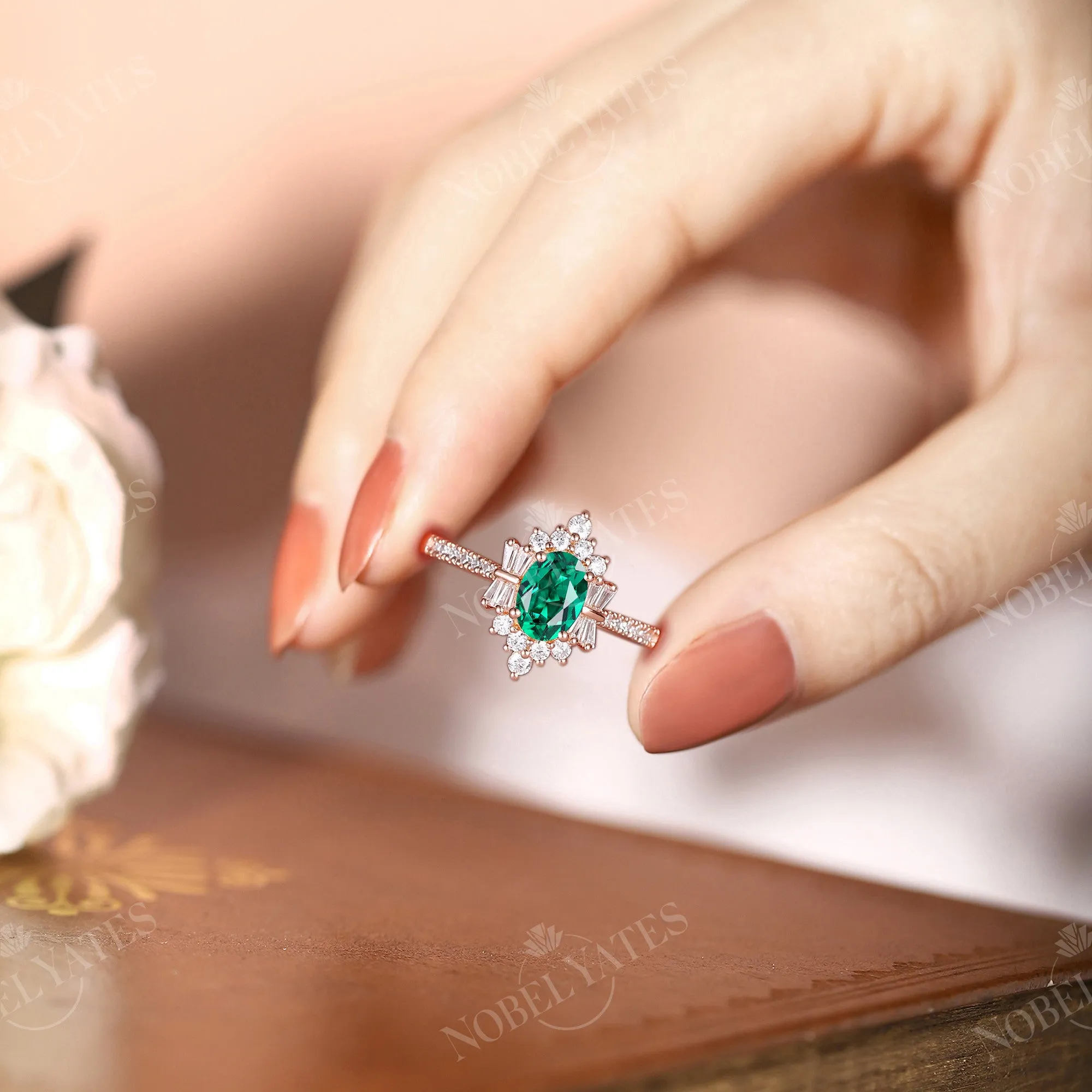 Art Deco Oval Lab Emerald Pave & Cluster Engagement Ring Rose Gold