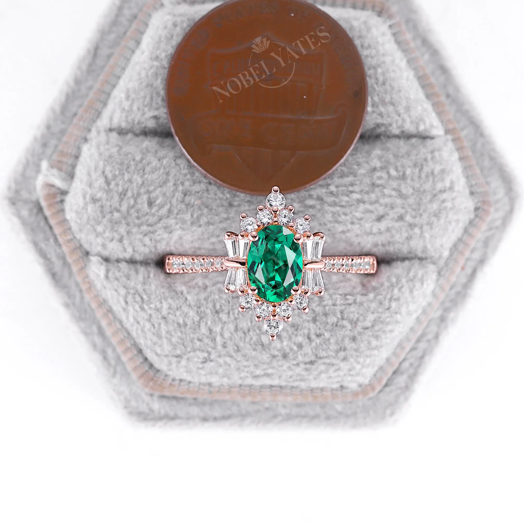 Art Deco Oval Lab Emerald Pave & Cluster Engagement Ring Rose Gold