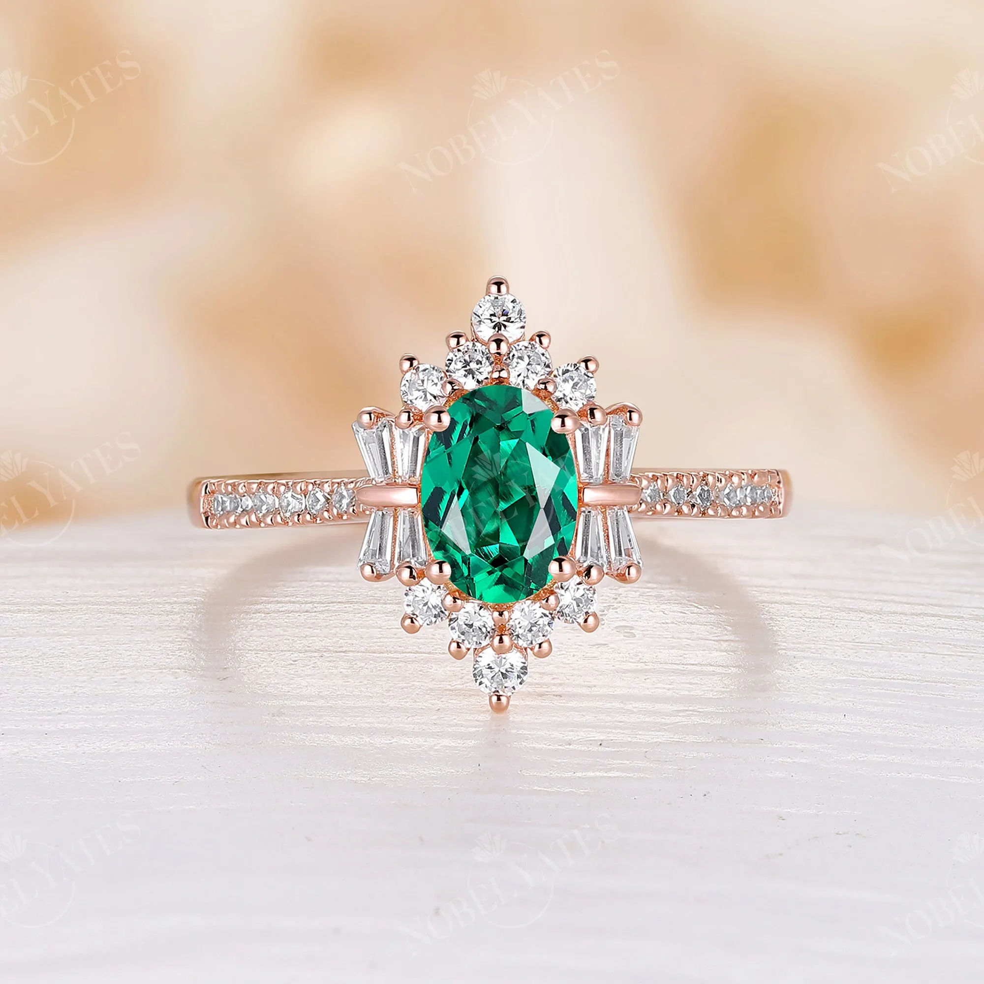 Art Deco Oval Lab Emerald Pave & Cluster Engagement Ring Rose Gold