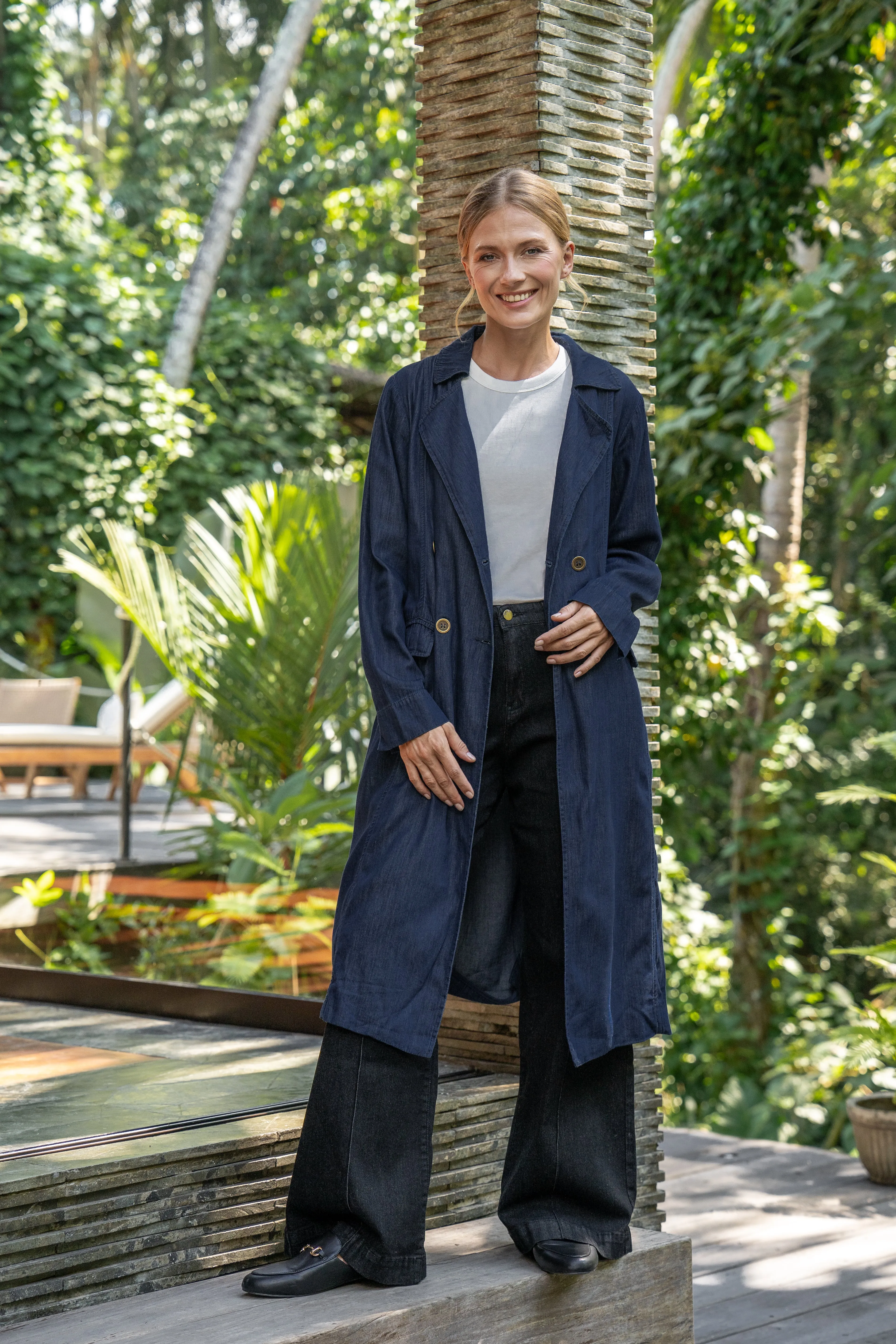 Avalee Long Line Tencel Trench Coat in Dark Wash