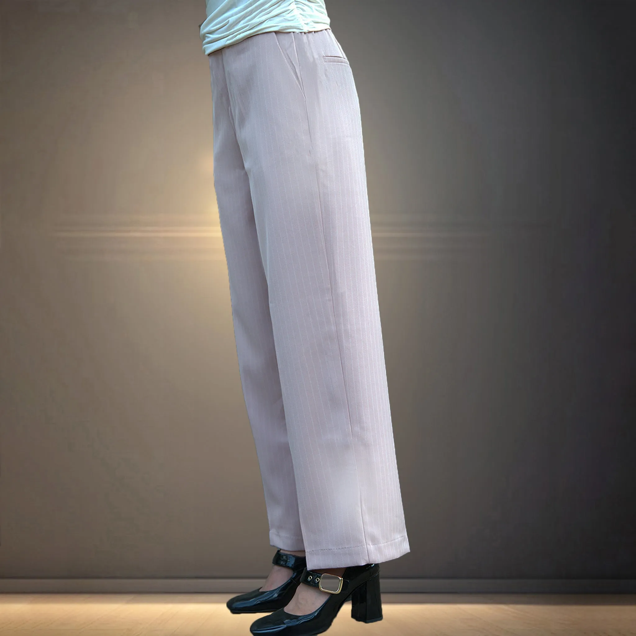 Beige Striped Korean Pants