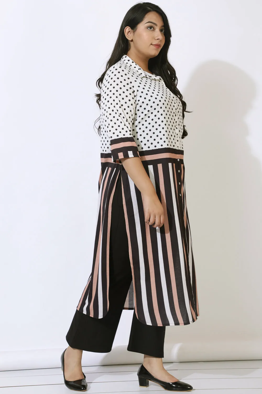 Black Luxe Polka Stripes Kurta Cum Shrug