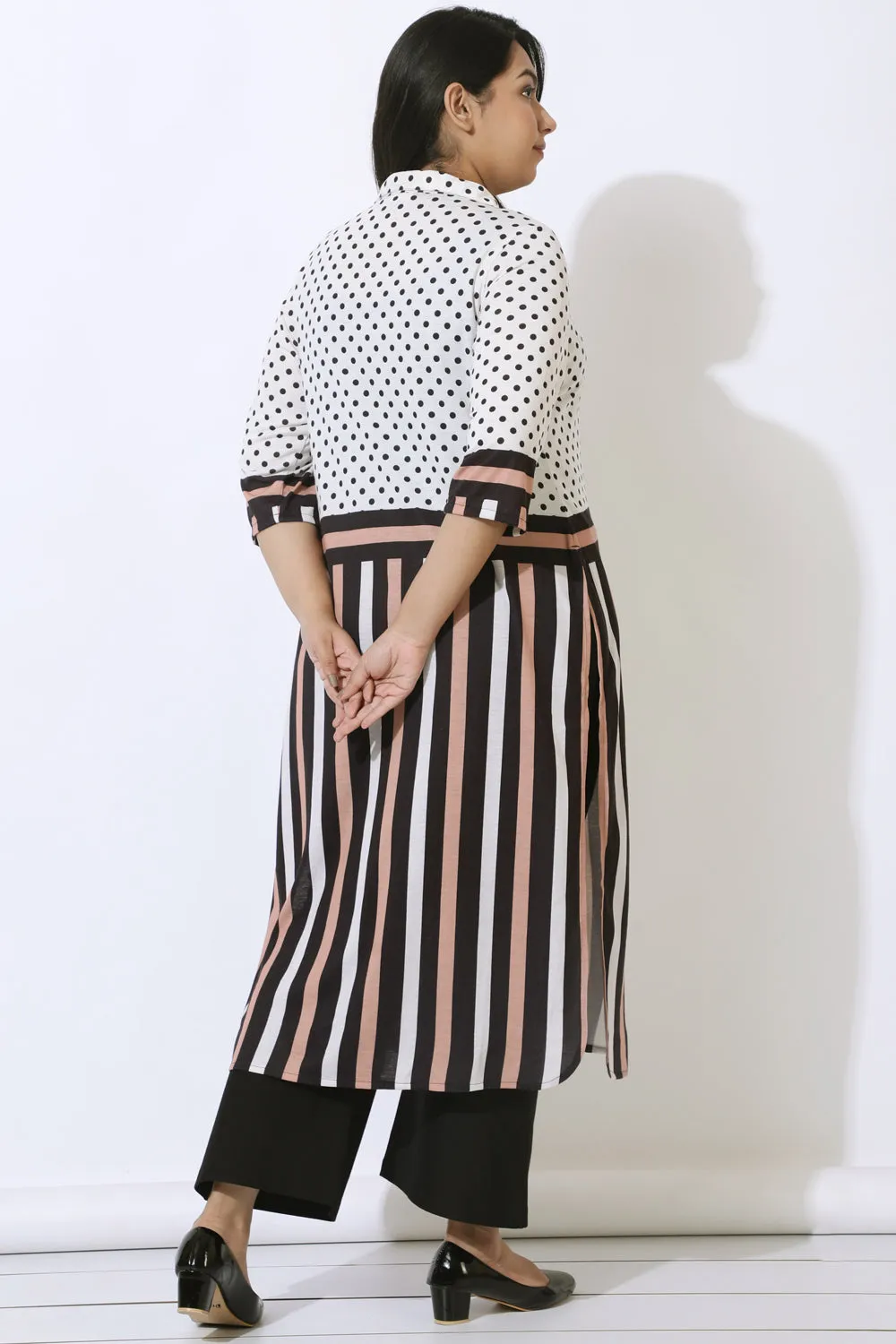 Black Luxe Polka Stripes Kurta Cum Shrug