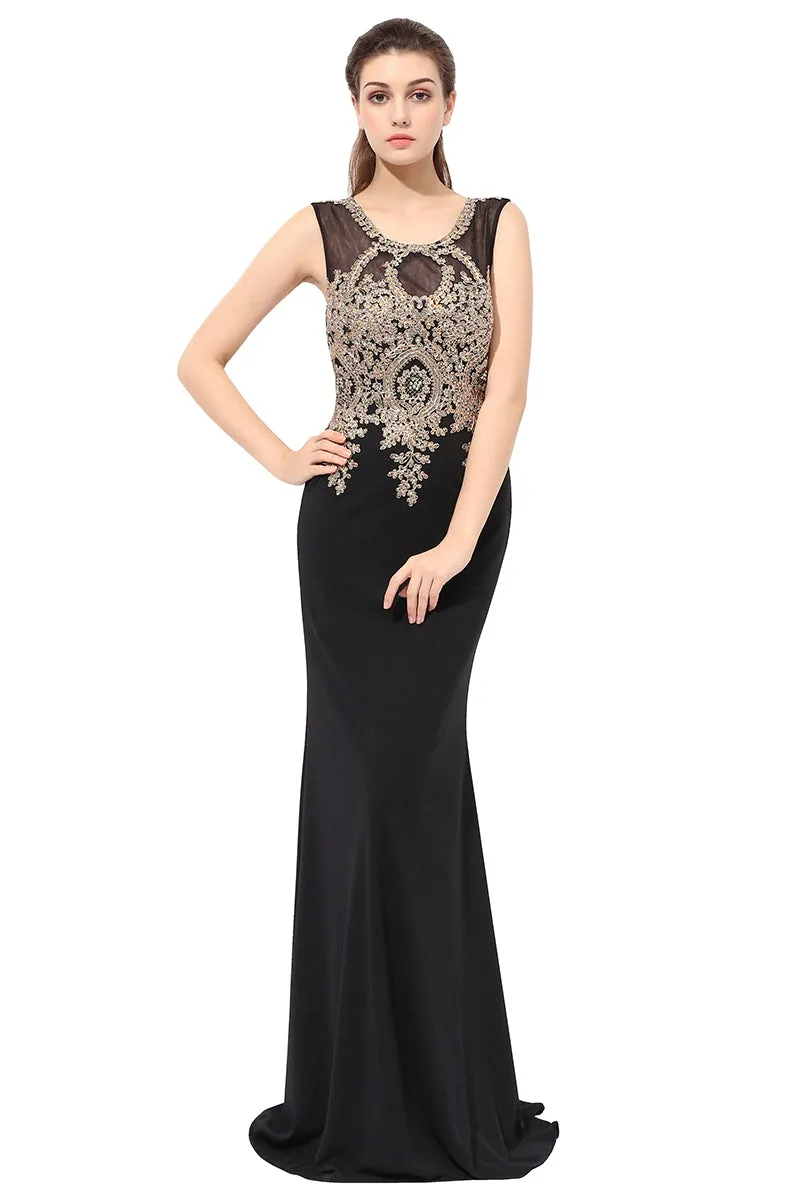 Black Sleeveless Long Evening Prom Dress With Lace Appliques, BS41