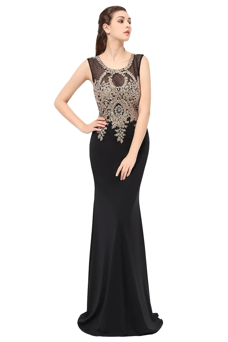 Black Sleeveless Long Evening Prom Dress With Lace Appliques, BS41