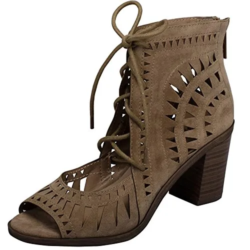 Breckelles Gabby Beige Lasercut Stacked Chunky Stacked Block Heeled Peep Toe Sandals