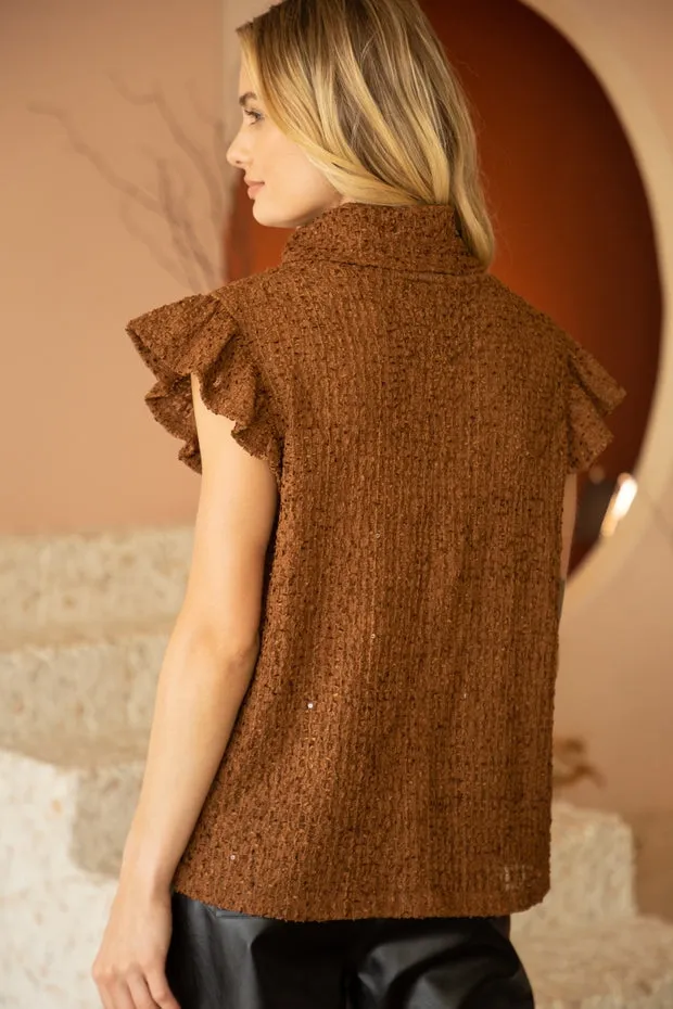 BROWN TEXTURED AND SEQUINS KNITTED TOP