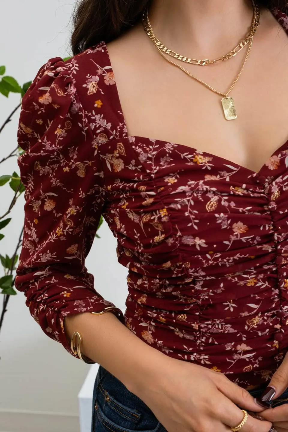 Burgundy Floral 3/4 Sleeve Crop Top