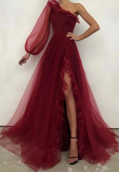 Burgundy tulle prom dress one shoulder evening dress SH279