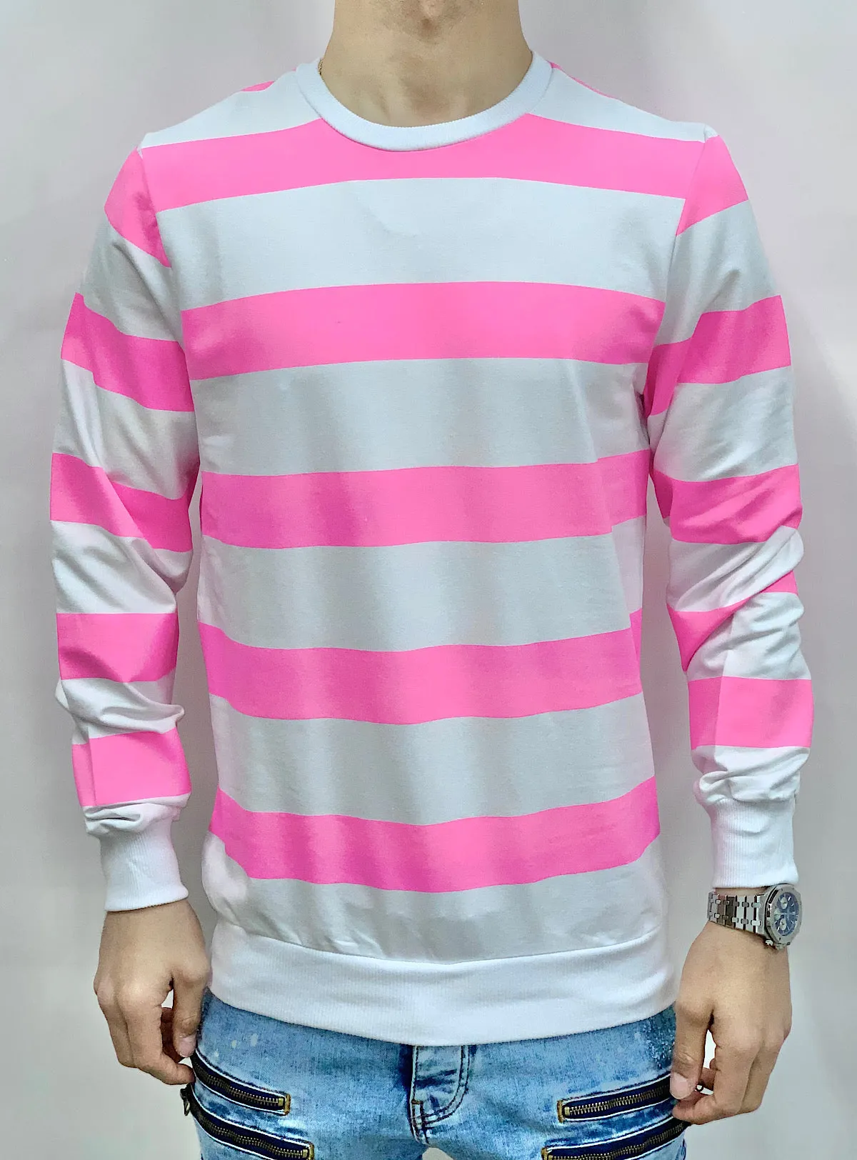 Buyer's Choice Sweater - Stripes - White And Neon Pink - 60083