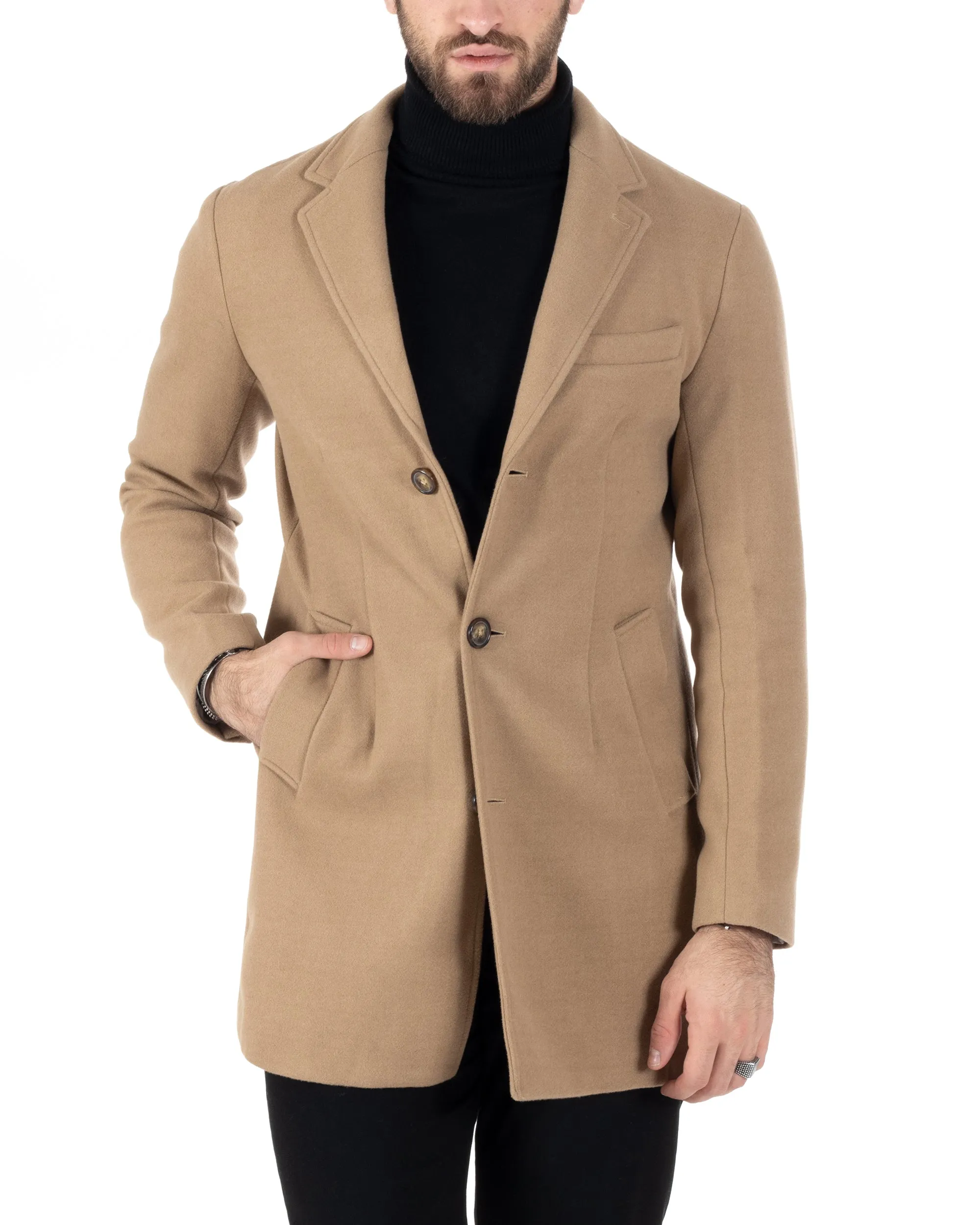 Cappotto Monopetto Uomo Giacca Colletto Reverse Giaccone Tinta Unita Camel Baronetto Elegante GIOSAL-CO1001A