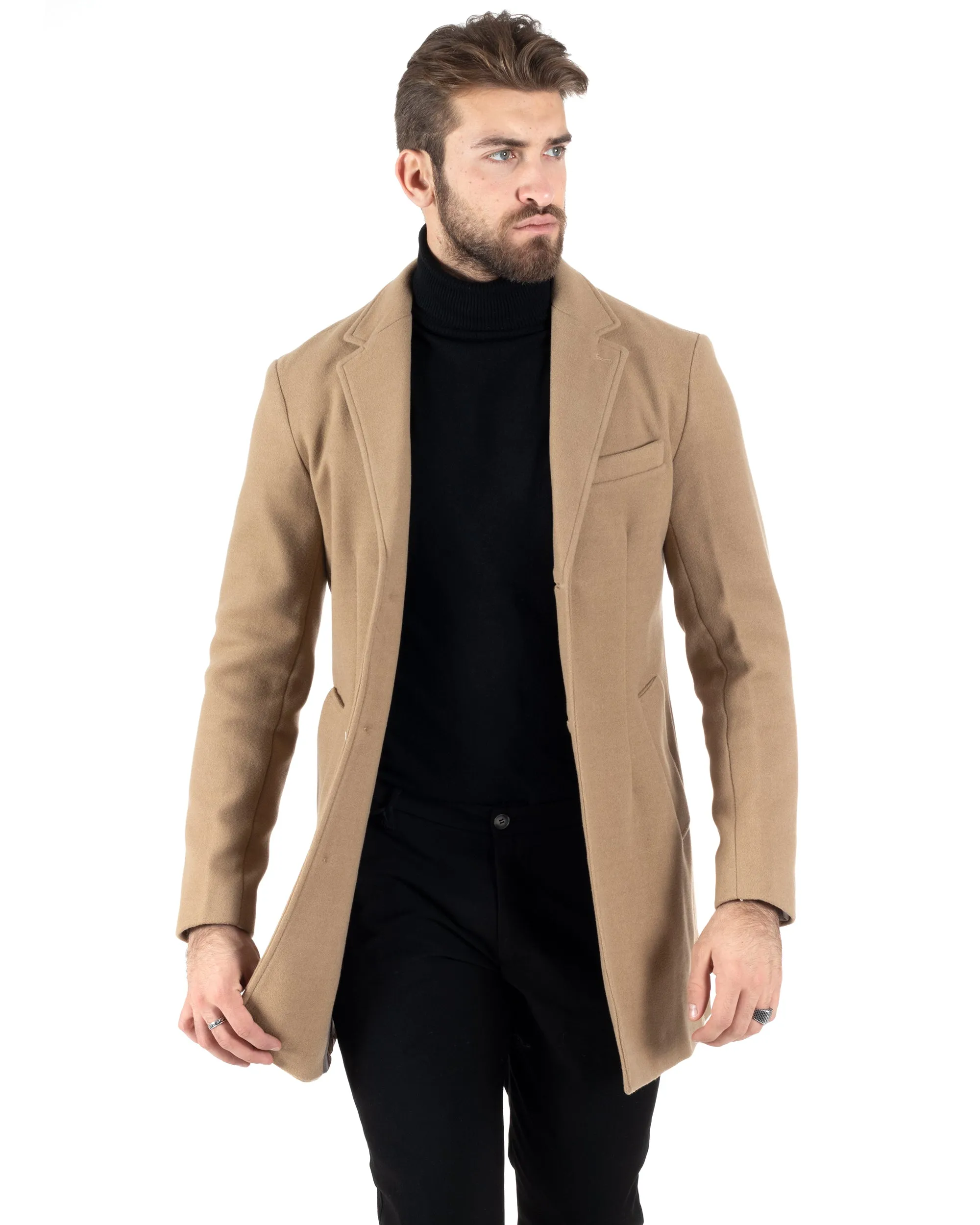 Cappotto Monopetto Uomo Giacca Colletto Reverse Giaccone Tinta Unita Camel Baronetto Elegante GIOSAL-CO1001A